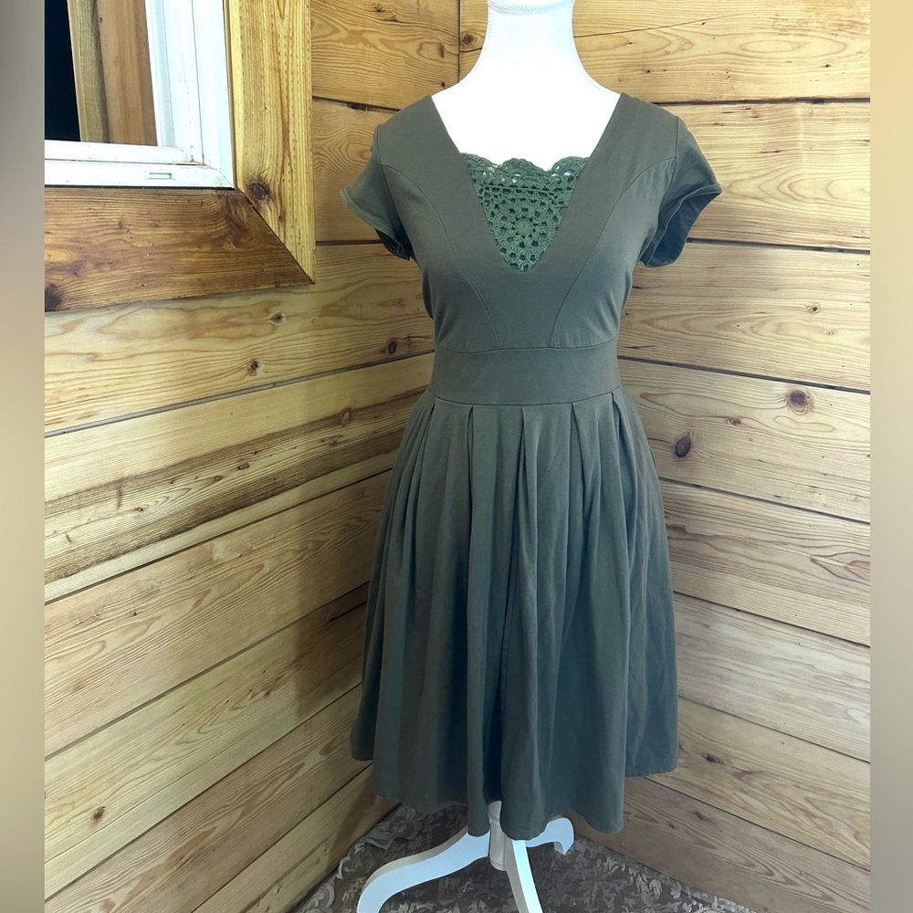 Organic Cotton Crochet Lace Pleated Pocket Midi Dress Womens Medium Olive